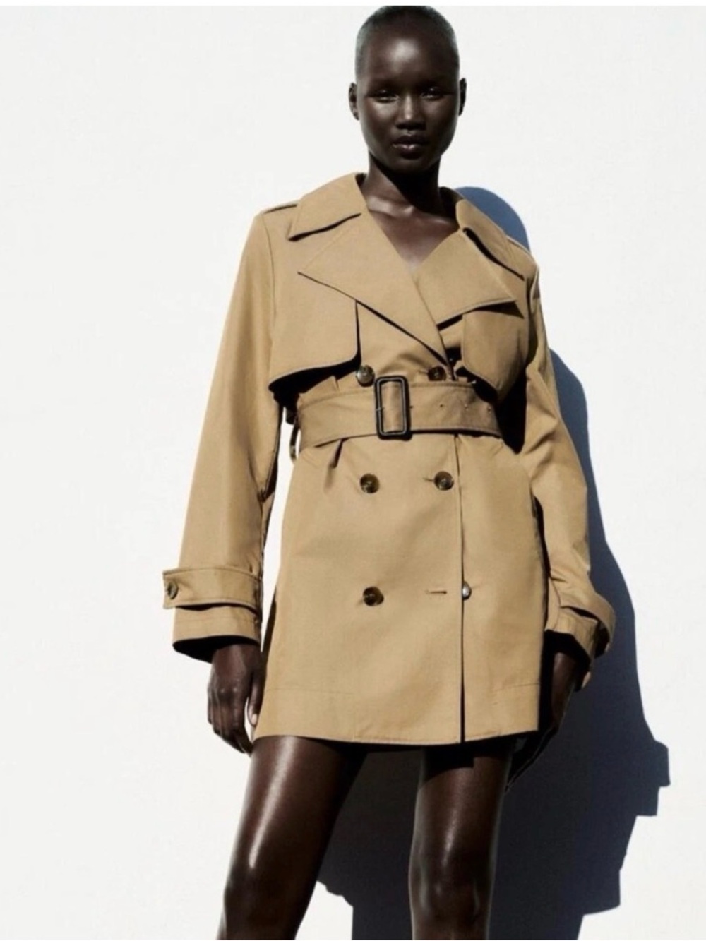 Zara Tan Double-Breasted Trench Coat with Belt